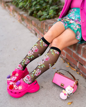 Sock Candy English Rose knee high black sheer socks and clogs 