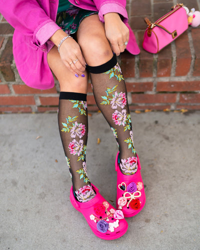 Sock Candy English Rose knee high black sheer socks and clogs 